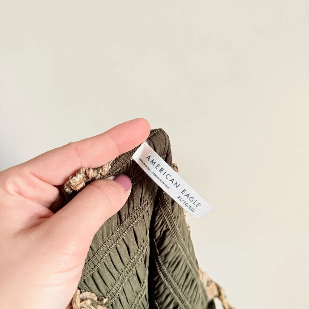 American Eagle Paisley Smocked‎ Mini Dress Olive Green Boho Ruffle XL
